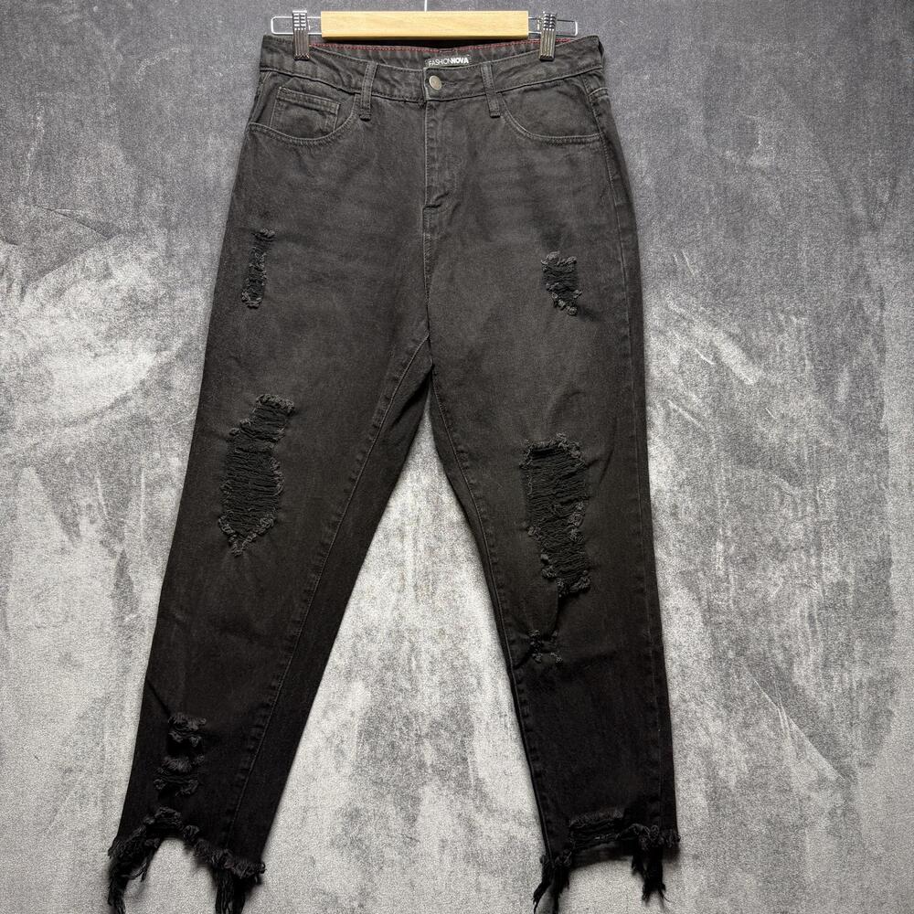 Fashion Nova Jeans Juniors 5 Black High Rise Mom Distressed Fringe Hem Denim